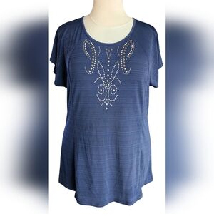 Susan Lawrence Navy Blue Metallic Stud Embellished Flowy Top Women's XL NWOT